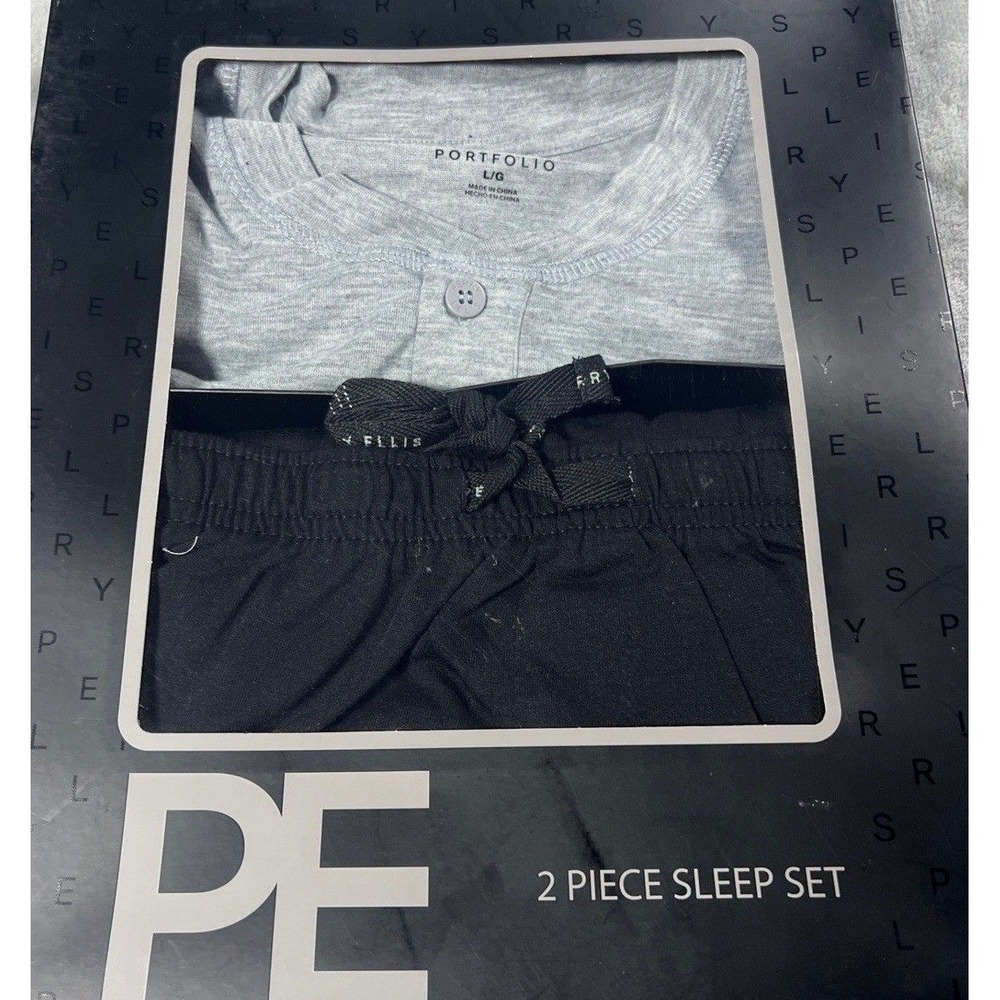 Perry Ellis Portfolio Mens 2 Piece Sleep‎ Set Grey Henley Top Black Pants L NWT
